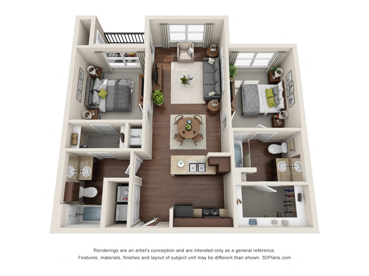 Floor plan for 2 beds, 2 baths, 919 sqft